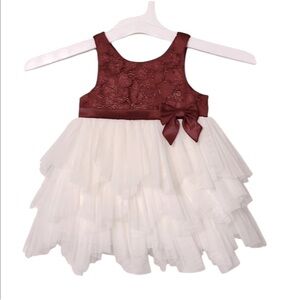 American Princess Toddlers Red Maroon Lace & Cream Tiered Mesh Tulle Dress 18M